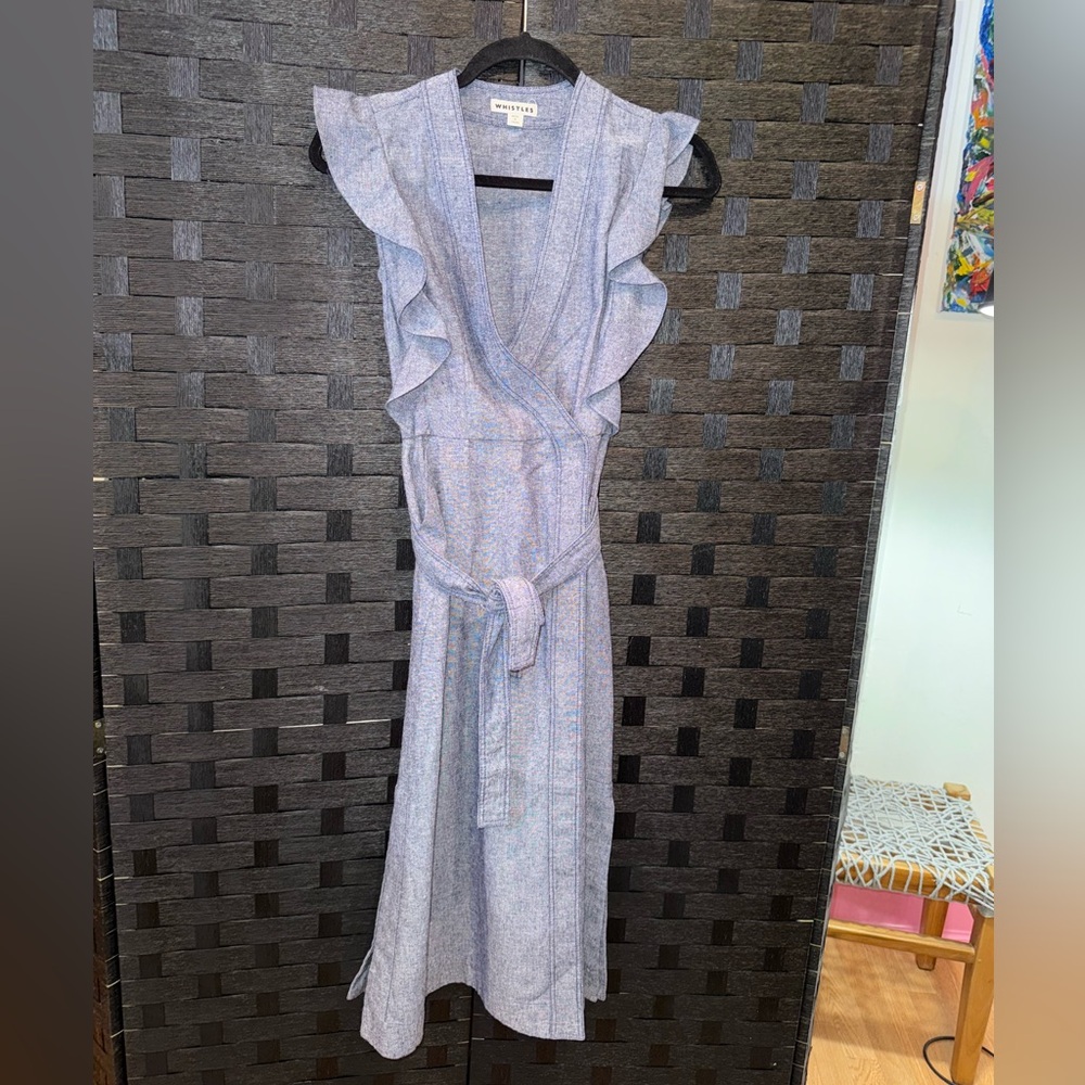 Whistles Blue Linen Sleeveless Dress With Belt